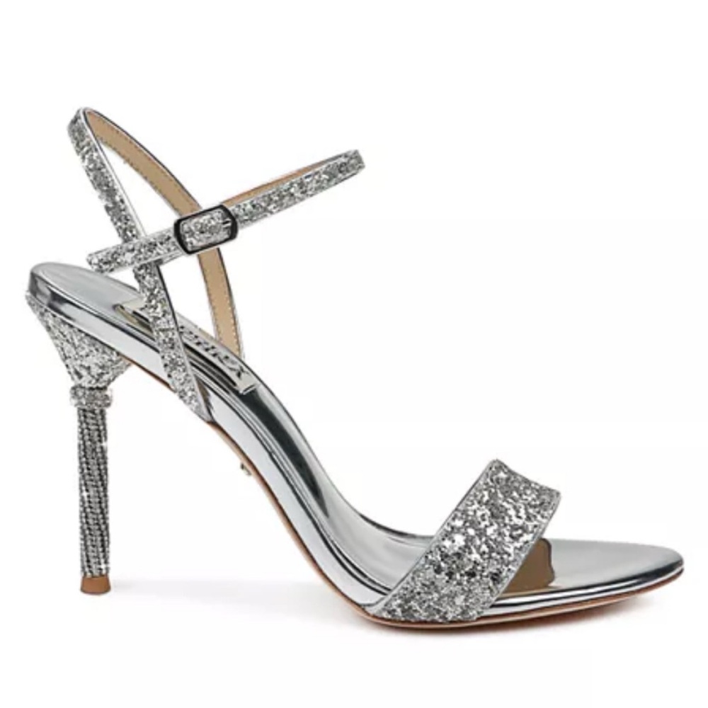Badgley Mischka Silver Glitter Strappy High Heel Sandals